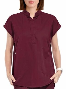 Women’s scrub top Burgundy Split-Neck Short Sleeve Top